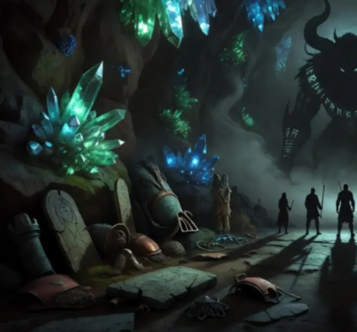 Mély, barlangszerű térben álló legendás magyar fantasy főellenség, mágikus fényekkel.