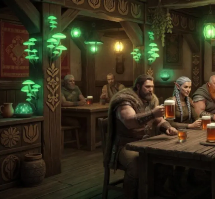 Magyar fantasy játékvilág közössége, kalandorok gyűrűje misztikus táj felett