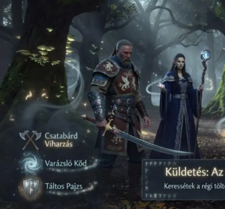 Harci jelenet az Ultimate Magyar World világából sötét erdővel és mágikus fényekkel