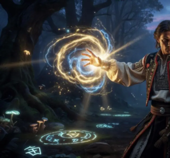 Magyar ihletésű fantasy karakter aranyló és zöldes mágiát idéz meg sötét táj felett.