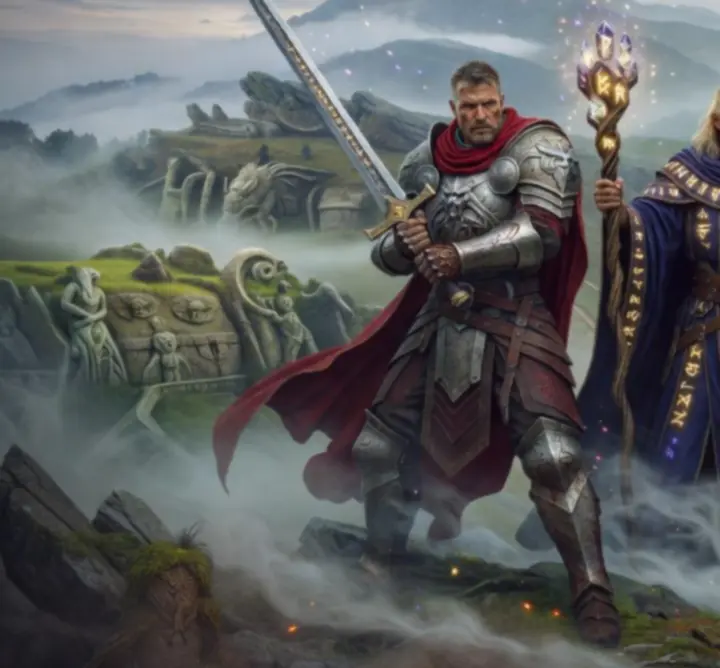 Legendás magyar fantasy hősök, mágikus fényben állva egy ősi várfal előtt